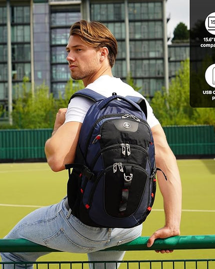 Swissdigital Design Laptop Backpack with USB Charging Port, Travel Backpack Fits 15.6 inches Computer, 31L College School Backpack for Men, Blue/Black | SD803-12 | Water Repellent