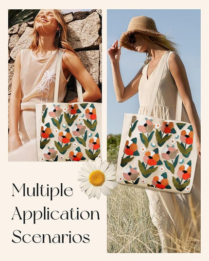 Embroidery Canvas Tote Bag for Women - Reusable Totes with Pocket & Buckle Aesthetic Cute Grocery Shoulder Bag