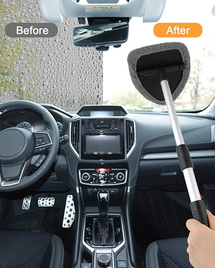 Windshield Cleaner Tool, Car Interior Window Cleaning Tool, Car Wash kit with 4 Reusable Microfiber Pads, 2 Extendable Handle and 2 Spray Bottles, Glass Wiper Kit for Windshield, Home Windows