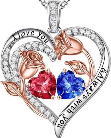 Iefil Christmas Gifts for Women Wife - 925 Sterling Silver Rose Heart Birthstone Necklace Birthday Anniversary Jewelry Gifts for Her Wife Mom Daughter