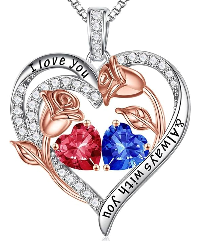 Iefil Christmas Gifts for Women Wife - 925 Sterling Silver Rose Heart Birthstone Necklace Birthday Anniversary Jewelry Gifts for Her Wife Mom Daughter