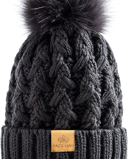PAGE ONE Womens Winter Ribbed Beanie Crossed Cap Chunky Cable Knit Pompom Soft Warm Hat