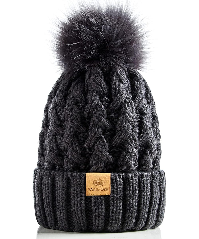 PAGE ONE Womens Winter Ribbed Beanie Crossed Cap Chunky Cable Knit Pompom Soft Warm Hat