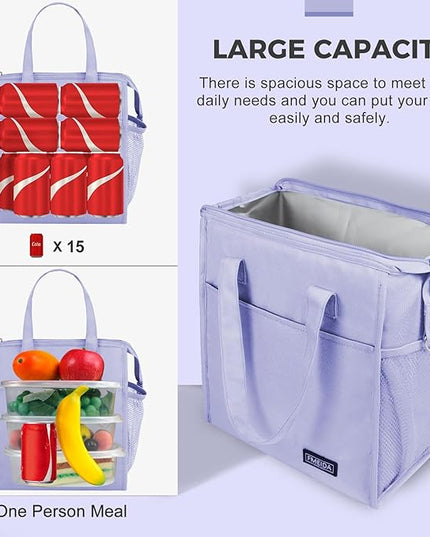 Fmeida Insulated Lunch Bag Women, Simple Lunch Tote Bags, Waterproof Thermal Cooler Lunch Bag, Reusable Adult Lunch Box Bag for Women | Large Purple, Front&Side Pockets