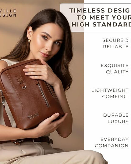 Full Grain Leather Backpack – Water-Resistant, Padded Laptop Compartment, Adjustable Straps, 16L Capacity, Slim Design, Leather Backpack for Men and Women - Amber Brown