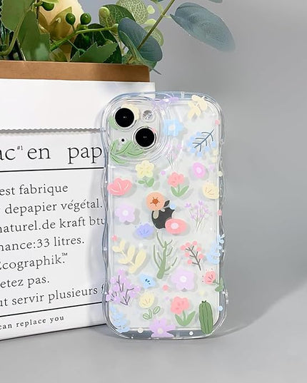 for iPhone 13 pro Case Clear Cute Flower Floral with Wave Border for Girls Women Pattern Shockproof Protective Girly-Colorful Floral