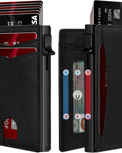 RUNBOX Slim Card Wallet for Men with ID Window – Minimalist RFID Wallet, Pop-Up Function, Ultra Thin Design, Metal Business Card Case Holds 8+ Cards, Gifts for Men, Men's Accessories