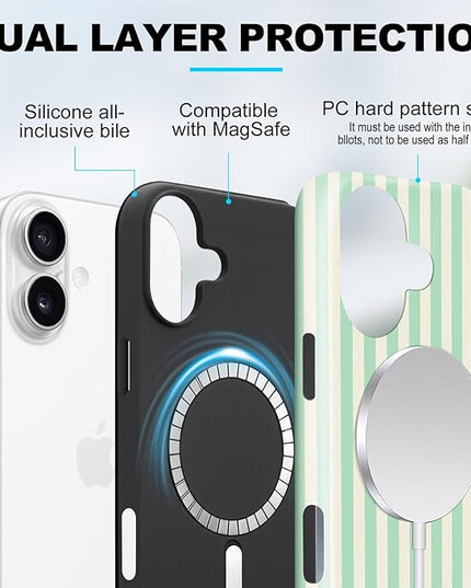 Magnetic for iPhone 16 Case Cute Stripes Phone Case, Shockproof Slim TPU and Hard PC Protective Phone Cover Compatible with MagSafe Designed for Women Girls, Light Green