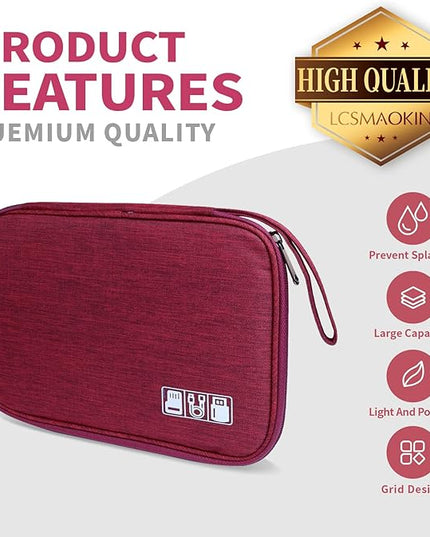 Electronics Travel Organizer,Portable Waterproof Electronic Travel Storage Bag for Small Charging Cord Storage,Charger,Small Electronics,SD Card etc,for Travel,Business -Wine Red