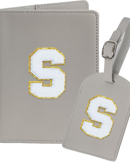 Initial Passport Cover Holder and Luggage tag Set,PU Leather Passport Case Travel Suitcase Tag with Letter Patch, Personalized Travel Luggage Accessories Gifts for Women Grils Teenage Grey S