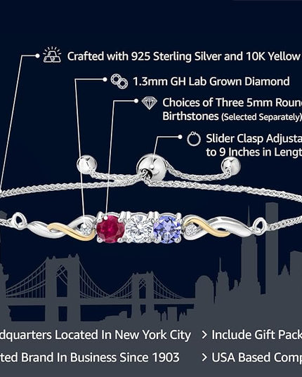 Gem Stone King Customized and Personalized 3-Stone Adjustable Bolo Bracelet for Women | 925 Sterling Silver and 10K Yellow Gold | Gemstone Birthstones and Lab Grown Diamond | Easy-On Easy-Off