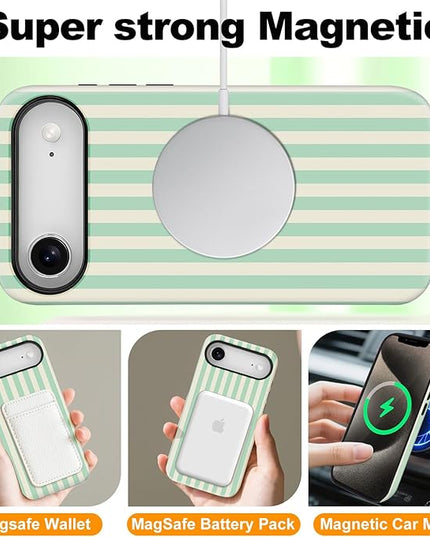 Magnetic for iPhone 17 Air Case Cute Stripes Phone Case, Shockproof Slim TPU and Hard PC Protective Phone Cover Compatible with MagSafe Designed for Women Girls, Light Green