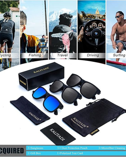 KALIYADI Sunglasses Men Polarized Sun glasses for Mens Womens Classic Matte Black Frame UV Protection 3pack