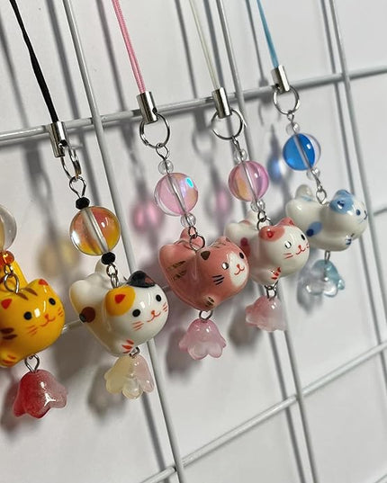 Agromusk Cat Phone Charms,Cute Lucky Kitty Beaded with Flower Phone Strap,Kawaii Y2K Bag Decor Aesthetic Cat Charm Accessories