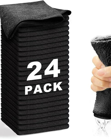 Microfiber Cleaning Cloth-24Pcs (13x13 inch) Ultra Soft Highly Absorbent Rags for Housekeeping-Machine Wash (Black)