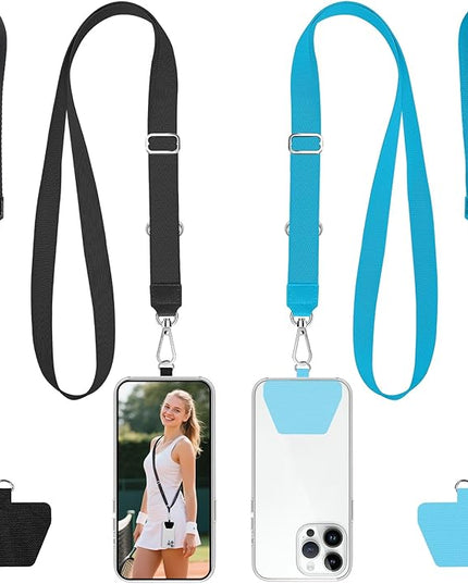 takyu Phone Lanyard, 2 Pack Adjustable Anti-Drop Neck/Wrist Strap with 2 PcsTether Patches, Secure Hands-Free Compatible for iPhone Samsung Perfect for Nurses, Teachers, Travel, Hiking Black+Blue