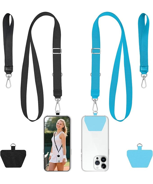 takyu Phone Lanyard, 2 Pack Adjustable Anti-Drop Neck/Wrist Strap with 2 PcsTether Patches, Secure Hands-Free Compatible for iPhone Samsung Perfect for Nurses, Teachers, Travel, Hiking Black+Blue