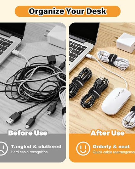 70 Pack Black Cable Ties 8 Inch with Writable Labels, Reusable Cord Organizer Straps, Hook & Loop Wire Management for Extension Cords, Garage Tools, Power Strips & Heavy Duty