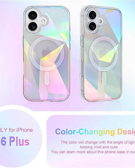 Cute Case for iPhone 16 Plus Case for Women Girls [ Compatible with Magsafe ] Clear Glitter Girly Aesthetic Rainbow Sparkly Bling Magnetic Phone Cover, Iridescent Geometry