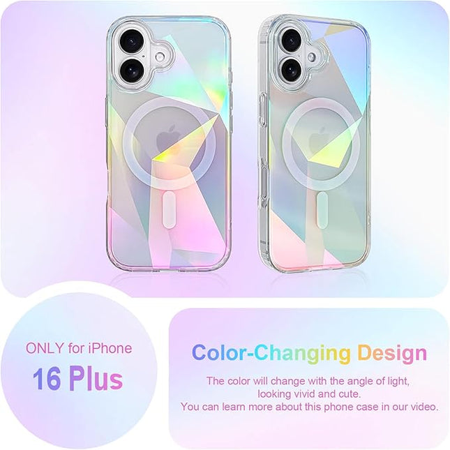 Cute Case for iPhone 16 Plus Case for Women Girls [ Compatible with Magsafe ] Clear Glitter Girly Aesthetic Rainbow Sparkly Bling Magnetic Phone Cover, Iridescent Geometry