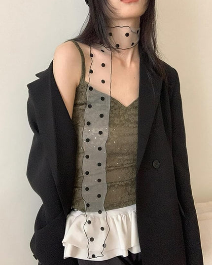 Bohemian Polka Dots Scarf for Women Delicate Lace Long Wrap Choker Necklace Graceful Ribbon Tie Neckerchief Layered Sweet Spicy Choker Fashion Soft Gauze Necklace Jewelry Gift