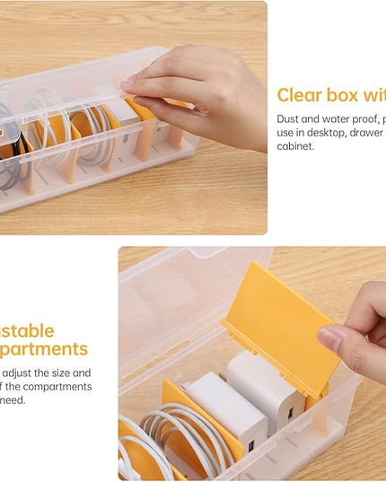 Clear Cable Organizer Box with Lid, Plastic Charger Cable Cord Storage Organizer, Office Desk Organizers, Multifunctional Accessories Storage for Home Drawer Office, Stackable, Clear