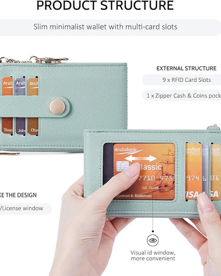 POIUGOYA Slim Wallet for Women,RFID Blocking Bifold Credit Card Holder with Zipper Coin Pocket,ID Window,Keychain