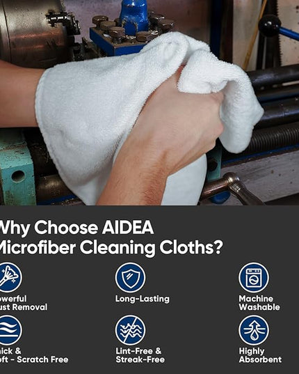 AIDEA Microfiber Cleaning Cloth White-100PK, Absorbent Cleaning Rags, Commercial Shop Rags Lint-Free, Scratch-Free, White Microfiber Towels for Cars, Kitchen Towels White 11.5 in.x 11.5 in.