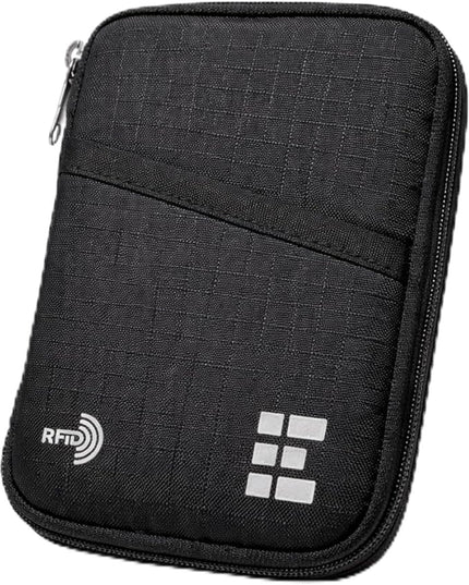 Zero Grid Passport Holder & Travel Wallet with RFID Blocking, Premium Document Organizer for Men & Women, Holds Passports, Cards, Tickets, ID & Cash, Compact Zippered Wallet - Midnight Black