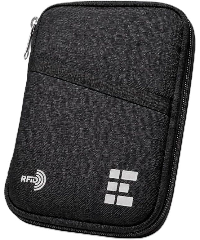 Zero Grid Passport Holder & Travel Wallet with RFID Blocking, Premium Document Organizer for Men & Women, Holds Passports, Cards, Tickets, ID & Cash, Compact Zippered Wallet - Midnight Black