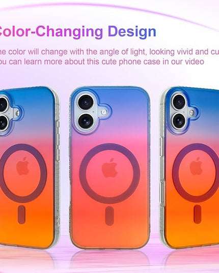 Aesthetic Case for iPhone 17 Case for Women Girls [Compatible with Magsafe] Cute Girly Trendy Glitter Sparkly Rainbow Magnetic Protective Phone Cover, Matte Iridescent Blue & Orange