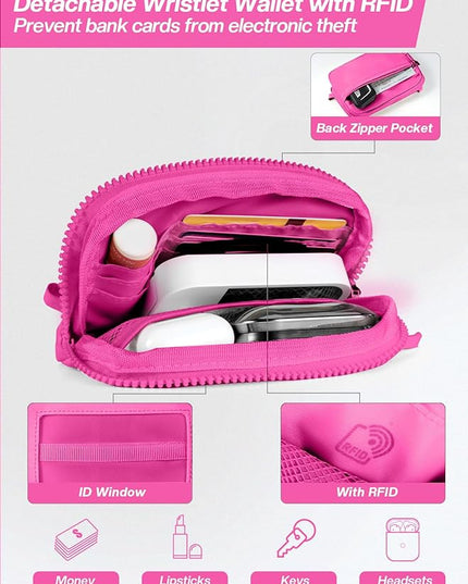 Clip and Go Strap for Phone with Wallet Crossbody Phone Lanyard Adjustable and Detachable RFID Wristlet Wallet with ID Window and Zipper, Hot Pink