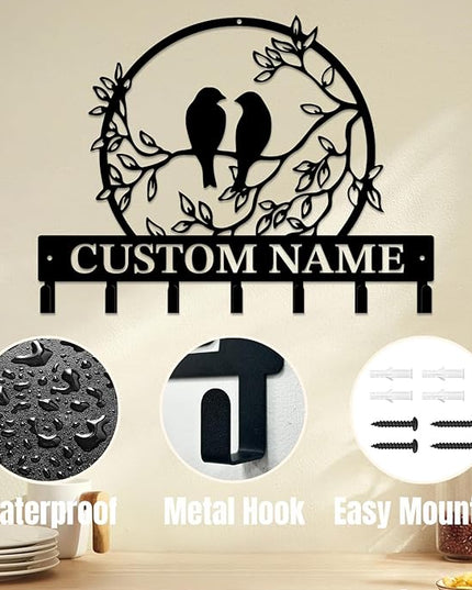 Personalized Custom Name Birds of Trees Wall Key Hooks,Metal Birds of Trees Art Clothes Hooks,Metal Birds of Trees Wall Home Storage Decorative,For Front Door, Hallway, Kitchen, Bedroom (Style F)