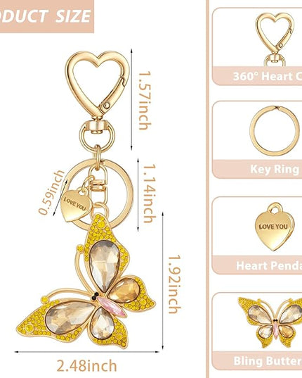 XGALBLA Cute Bling Crystals Rhinestone Butterfly KeyChain with Heart Pendant, Lovely Bag Charms for Handbags Purse Accessory