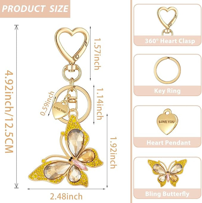 XGALBLA Cute Bling Crystals Rhinestone Butterfly KeyChain with Heart Pendant, Lovely Bag Charms for Handbags Purse Accessory