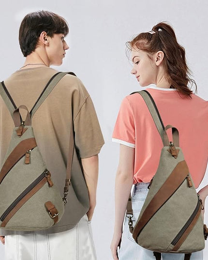 KL928 Canvas Sling Bag for Men Women, Genuine Leather Design Shoulder Crossbody Bags Backpacks Travel Daypack with Earphone Hole Rucksack, Olive Green