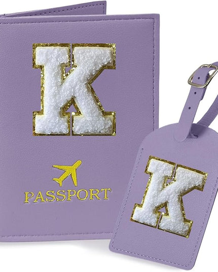 COSHAYSOO Purple Initial Passport Cover Holder and Luggage Tag Set TSA Approved with Chenille Letter Patch for Women Teenage Girls, Traveling Necessities Supply Unique Bag Suitcase Identifier (K)