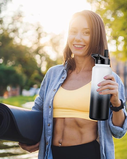 DOMICARE 40 oz Insulated Water Bottle Bulk, Vacuum Insulated Stainless Steel Sports Water Bottle with Straw Lid & Spout Lid, Leakproof, Reusable - Travel, Camping, Bike, Black White Gradient (4 Pack)