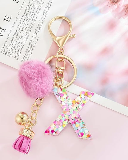 Resin Alphabet Initial Letter Keychain Keyring for Women Purse Handbags With Fur Ball Pom