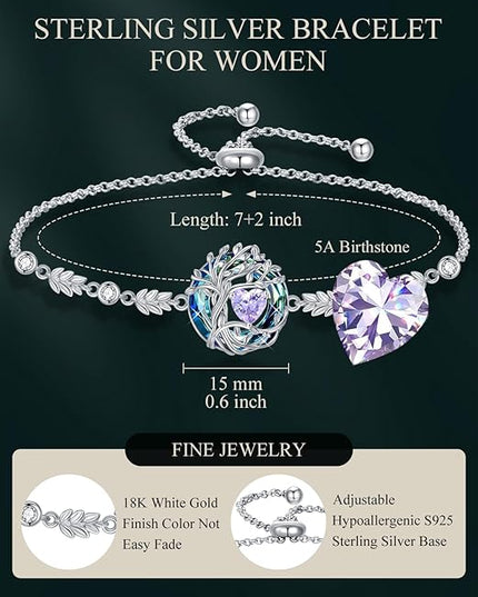 TOUPOP Tree of Life Birthstone Bracelet 925 Sterling Silver Family Tree Austrian Crystal Jewelry Anniversary Birthday Christmas Gifts for Women Wife Girlfriend Her