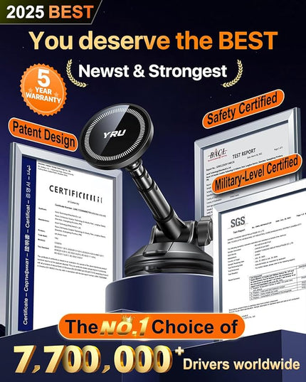 YRU Upgraded Magnetic Phone Holder for Car【Patented & Super Magnet】 for MagSafe Car Mount Dashboard Magnet Phone Holder Windshield Phone Stand for iPhone 17 16 15 14 13 12 Pro Max Samsung, Black