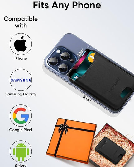 TopMade Phone Card Holder, Premium Leather Phone Wallet Stick on, Stronger 3M Adhesive Credit Card Holder for Back of Phone Case, iPhone, Samsung, and Android, RFID Blocking, Fit 4 Cards, Black