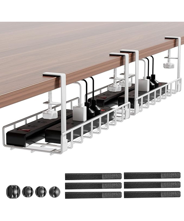 Under Desk Cable Management Tray 2 Pack, Xpatee Upgraded Wire Management No Drill No Screws, Cable Tray with Clamp for Wire Organizers, Computer Cord Rack for Office, Home - No Damage to Desk White