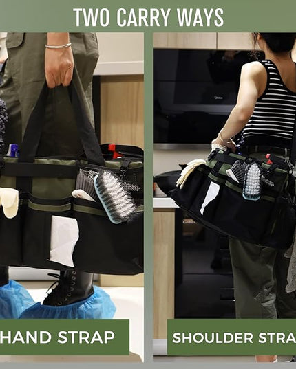 Wearable Cleaning Caddy Organizer with Handle & Shoulder Straps for Housekeepers, Under Sink & Car Cleaning Tool Organizer Bag with 4 Foldable Dividers (Green)