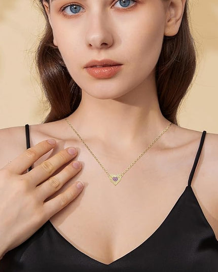 Dainty 14k Gold Heart Necklace, Birthstone Necklace for Women Trendy, Tiny Cubic Zirconia Choker Pendant Necklaces, Cute Love Jewelry Birthday Gifts for Girlfriend Daughter Niece Wife Her