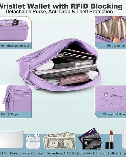 Clip and Go Strap for Phone with Wallet Crossbody, Adjustable Phone Lanyard with Detachable RFID Wristlet Wallet, Pattern Strap - Purple (L)