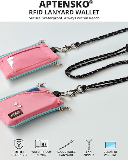 RFID Travel Wallet with Adjustable Lanyard-Zipper Small Wallet with ID Card Holder, Keychain for women&men-Minimalist Slim Waterproof Nylon case for ID, Cash, Key (Pink)