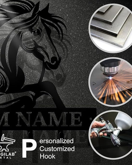 Personalized Custom Name Farm Horse Wall Key Hooks,Metal Horse Art Clothes Hooks,Metal Horse Wall Home Storage Decorative,For Front Door, Hallway, Kitchen, Bedroom,Keys,Hats (Style J)