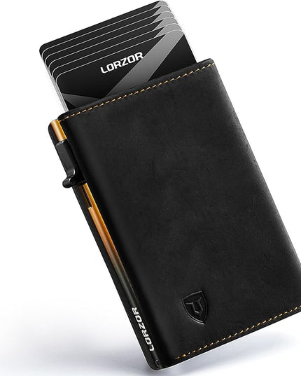 LORZOR Minimalist Wallet for Men with Credit Card Holder, Finest Full Grain Leather, Pop up Smart Wallet, Trifold Slim Wallet, RFID Blocking, Front Pocket, ID Window (Black/Yellow Black)