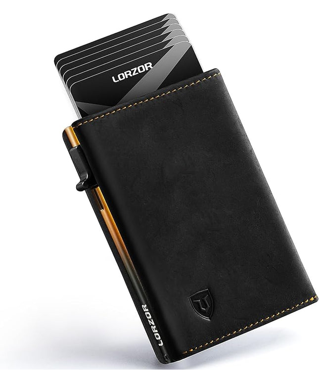LORZOR Minimalist Wallet for Men with Credit Card Holder, Finest Full Grain Leather, Pop up Smart Wallet, Trifold Slim Wallet, RFID Blocking, Front Pocket, ID Window (Black/Yellow Black)